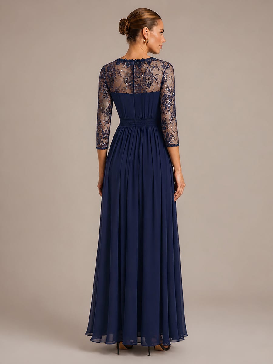 Chiffon Fitted Sleeve A-line Dress #color_Navy Blue