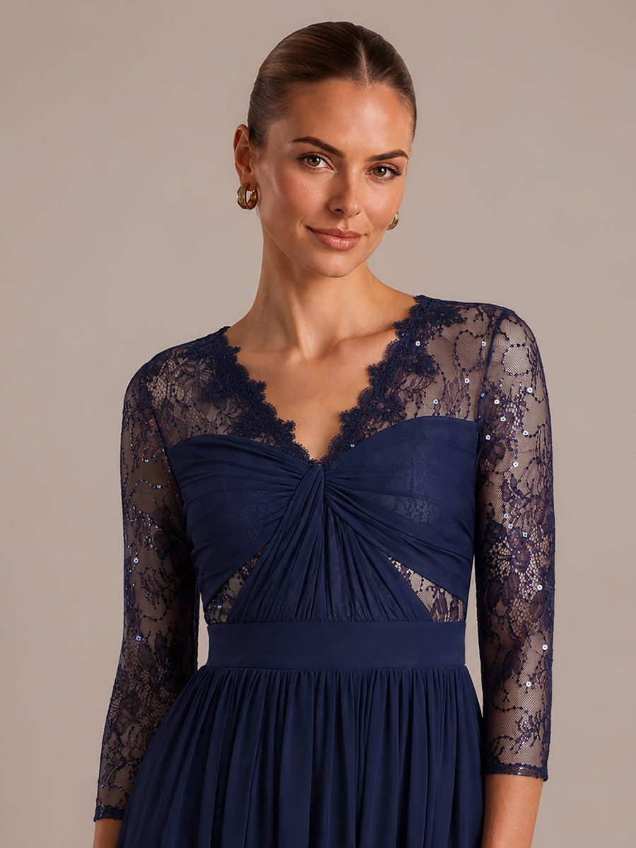 Chiffon Fitted Sleeve A-line Dress #color_Navy Blue