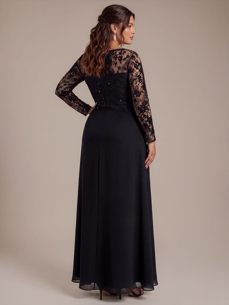 Chiffon Maxi Length Round neckline A-line Fitted Sleeve Back zipper Slight Stretch Dress #color_Black