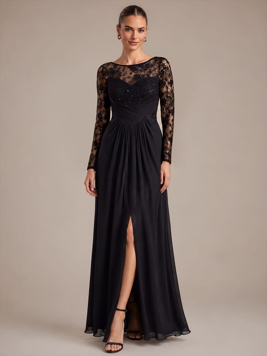 Chiffon Maxi Length Round neckline A-line Fitted Sleeve Back zipper Slight Stretch Dress #color_Black