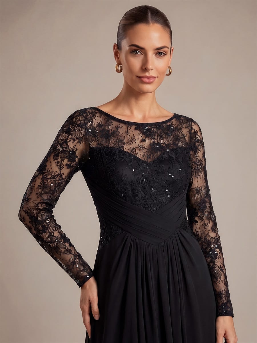 Chiffon Maxi Length Round neckline A-line Fitted Sleeve Back zipper Slight Stretch Dress #color_Black