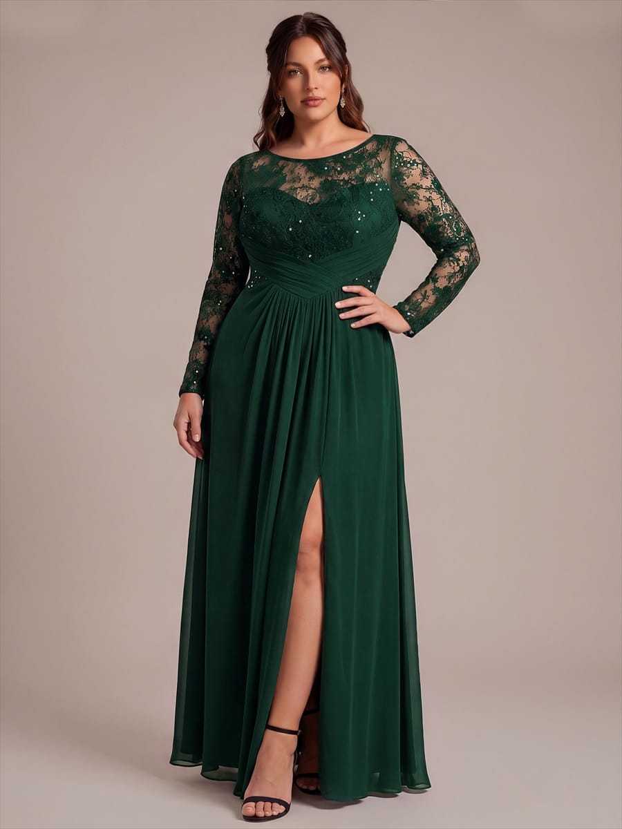 Chiffon Maxi Length Round neckline A-line Fitted Sleeve Back zipper Slight Stretch Dress #color_Dark Green