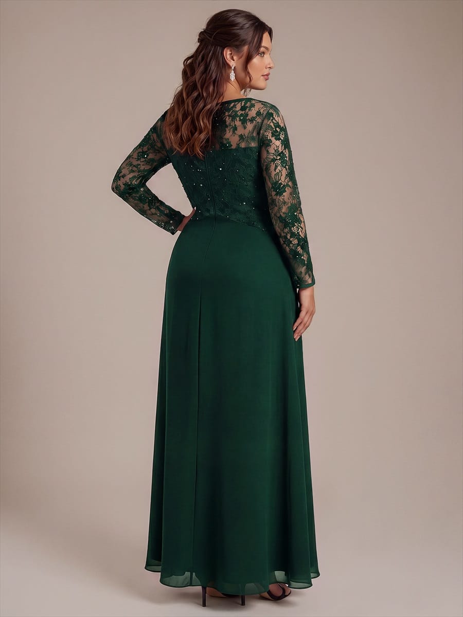 Chiffon Maxi Length Round neckline A-line Fitted Sleeve Back zipper Slight Stretch Dress #color_Dark Green