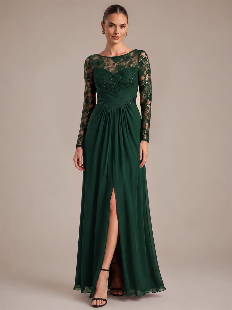 Chiffon Maxi Length Round neckline A-line Fitted Sleeve Back zipper Slight Stretch Dress #color_Dark Green