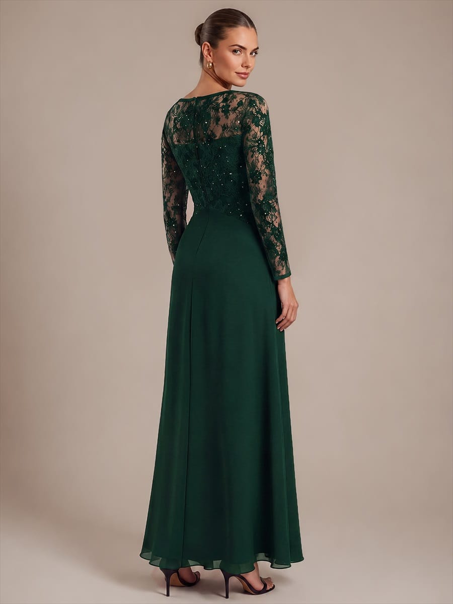 Chiffon Maxi Length Round neckline A-line Fitted Sleeve Back zipper Slight Stretch Dress #color_Dark Green