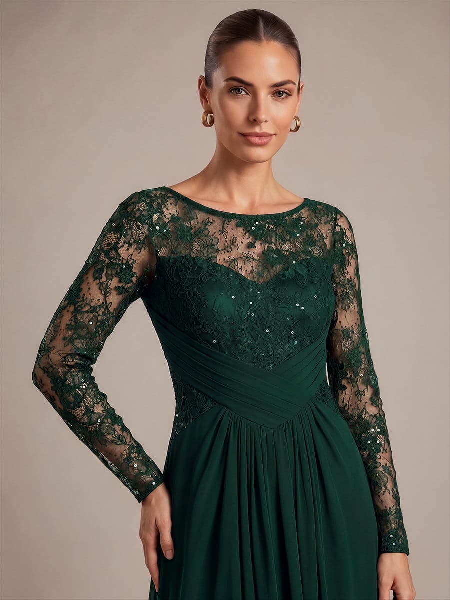 Chiffon Maxi Length Round neckline A-line Fitted Sleeve Back zipper Slight Stretch Dress #color_Dark Green