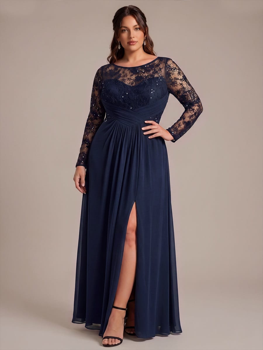 Chiffon Maxi Length Round neckline A-line Fitted Sleeve Back zipper Slight Stretch Dress #color_Navy Blue