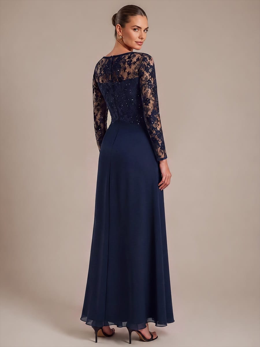 Chiffon Maxi Length Round neckline A-line Fitted Sleeve Back zipper Slight Stretch Dress #color_Navy Blue