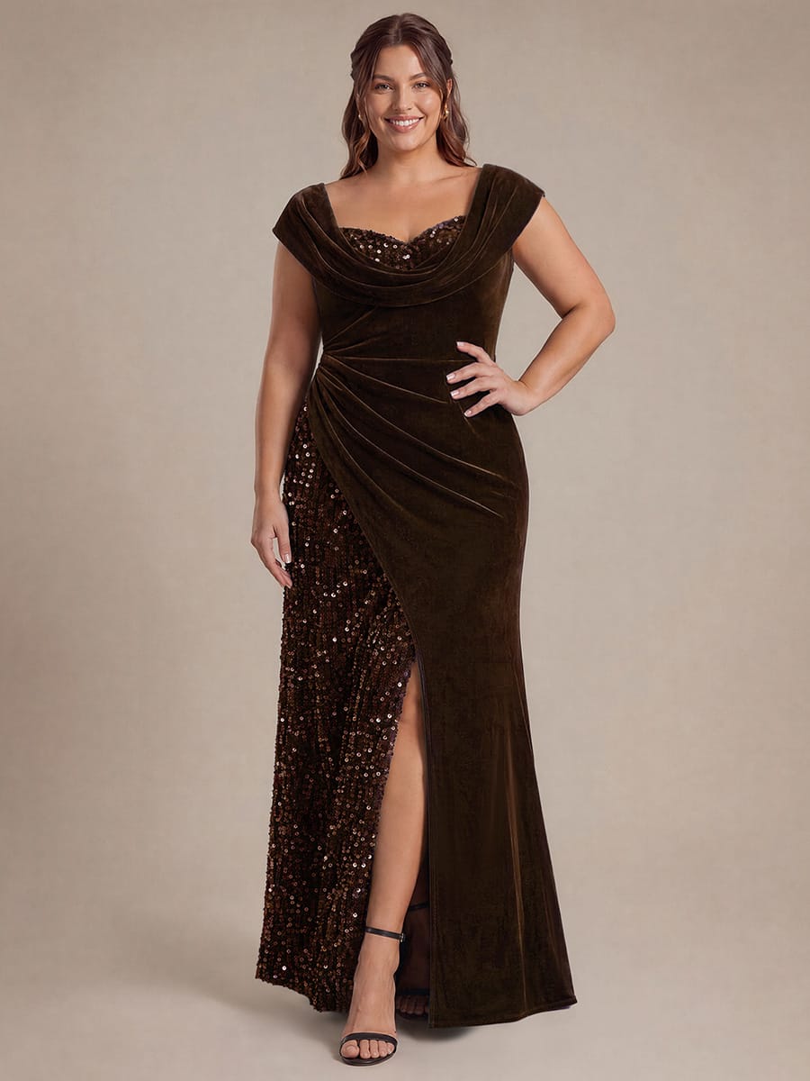 Sequin Velvet Cap Sleeve Dress #color_Chocolate Brown