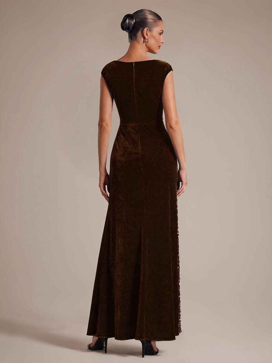 Sequin Velvet Cap Sleeve Dress #color_Chocolate Brown