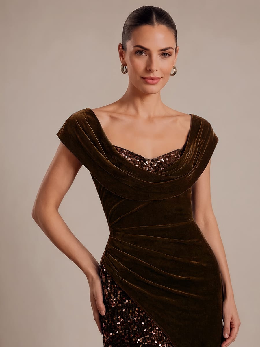 Sequin Velvet Cap Sleeve Dress #color_Chocolate Brown