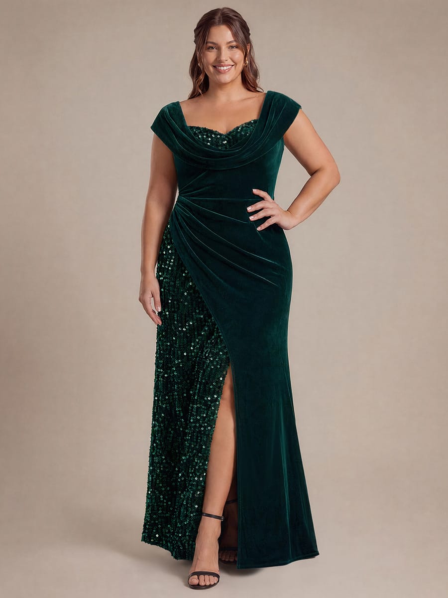 Sequin Velvet Cap Sleeve Dress #color_Dark Green