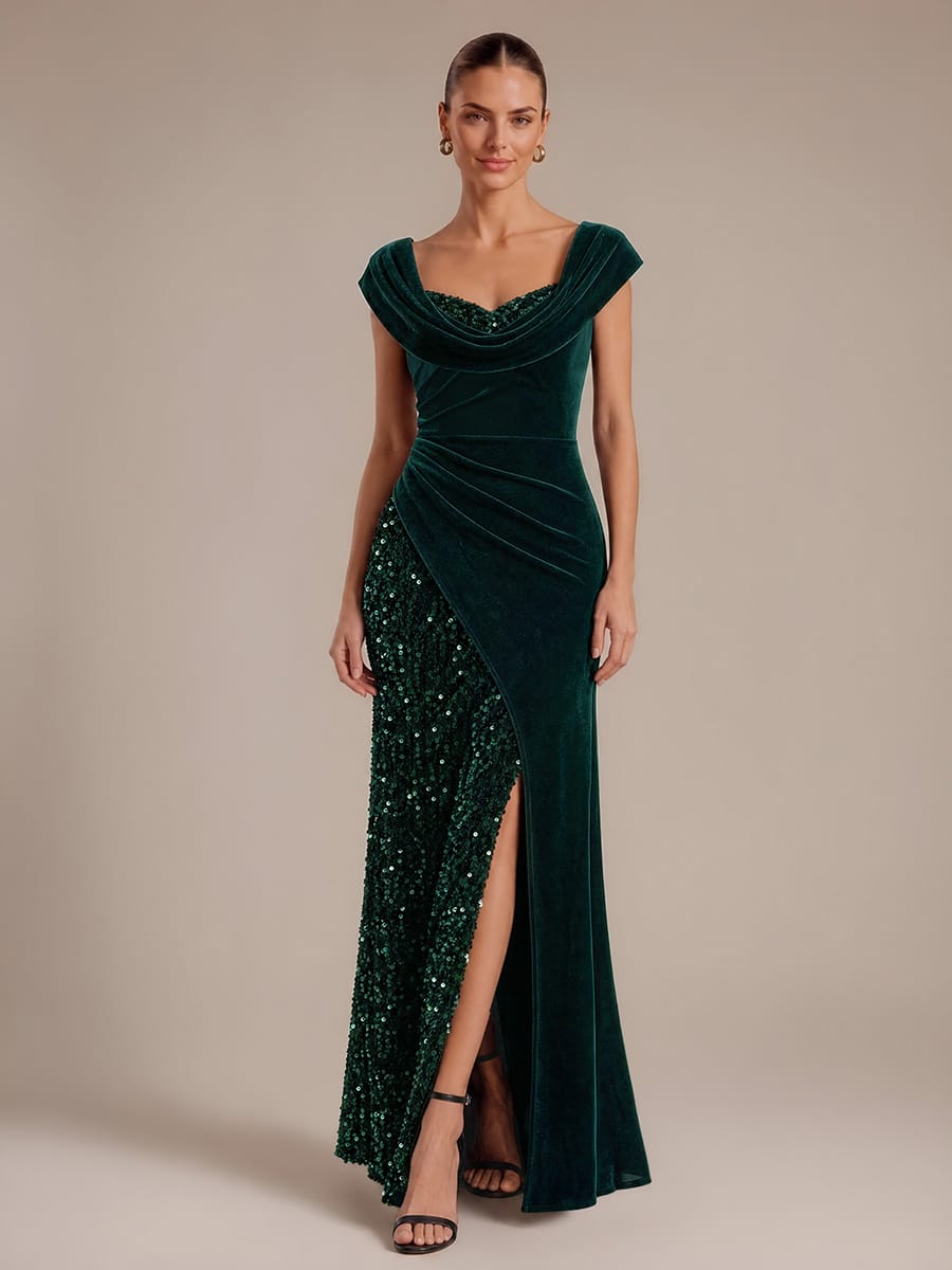 Sequin Velvet Cap Sleeve Dress #color_Dark Green