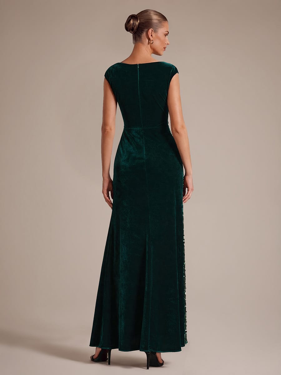 Sequin Velvet Cap Sleeve Dress #color_Dark Green