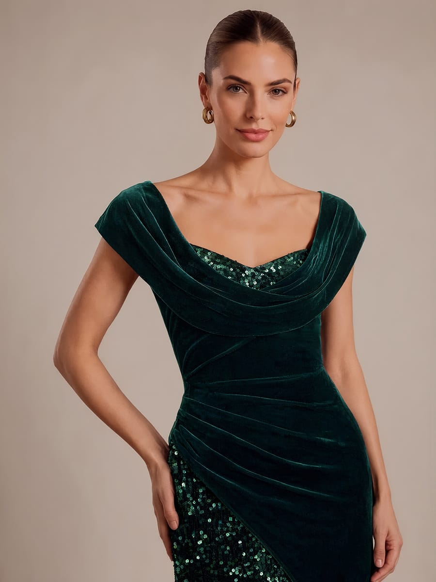 Sequin Velvet Cap Sleeve Dress #color_Dark Green
