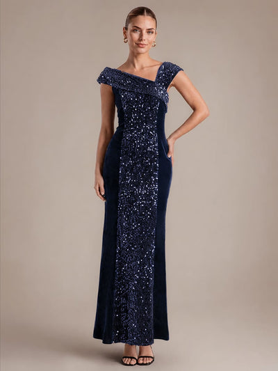 Asymmetric Neck Sequin Bodycon Maxi Evening Dress