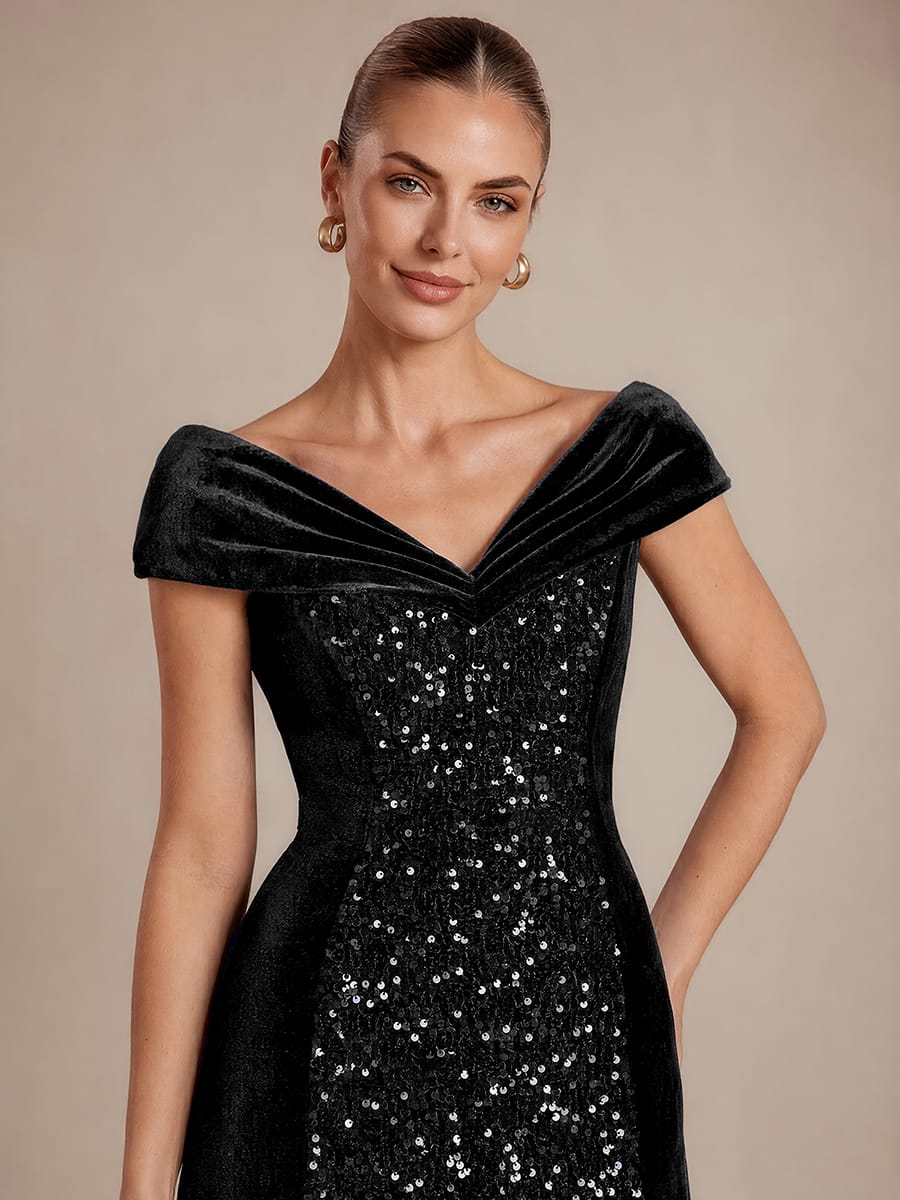 Sequin Velvet Cap Sleeve Dress #color_Black