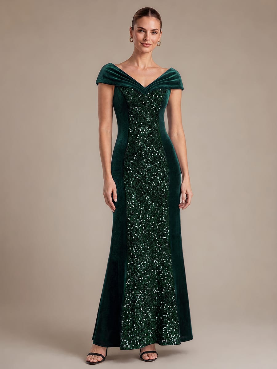 Sequin Velvet Cap Sleeve Dress #color_Dark Green