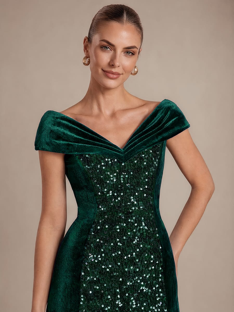 Sequin Velvet Cap Sleeve Dress #color_Dark Green
