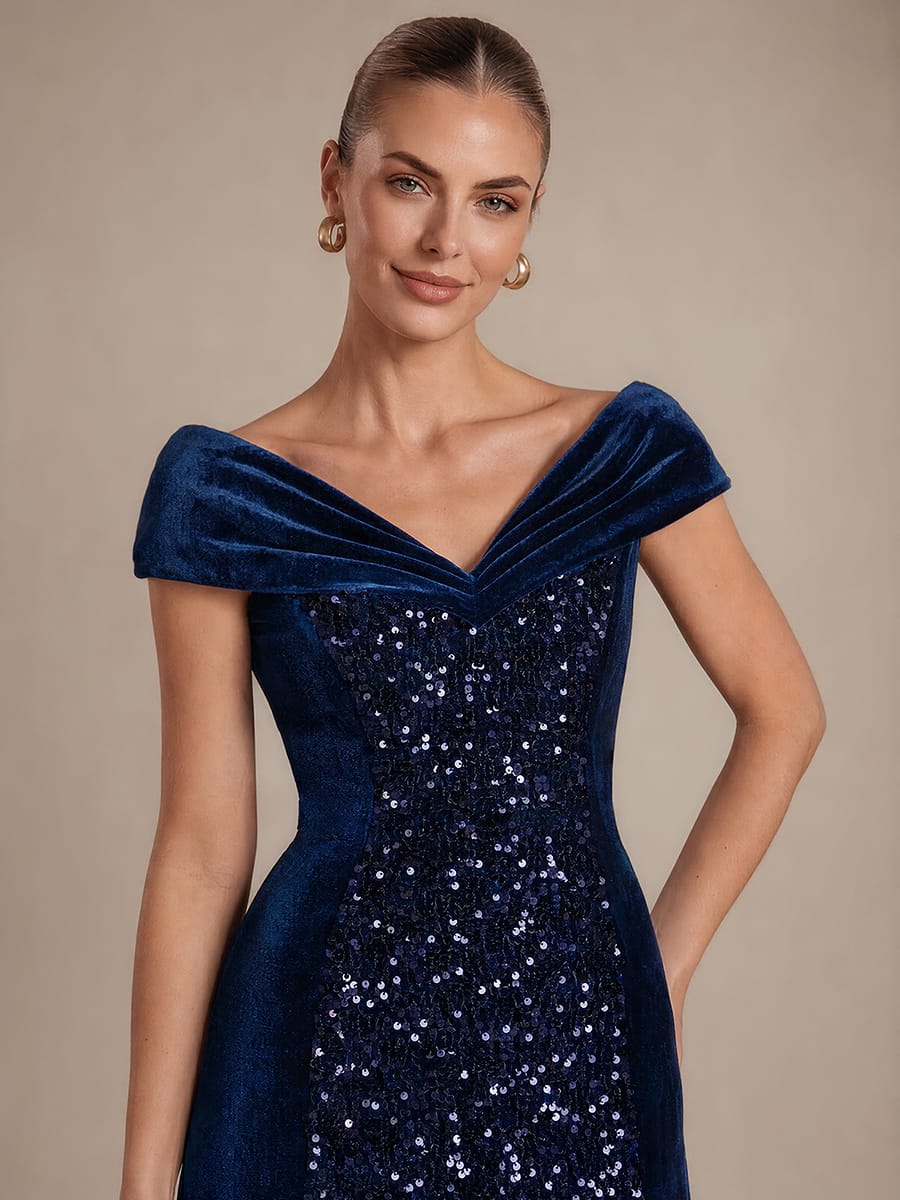 Sequin Velvet Cap Sleeve Dress #color_Navy Blue