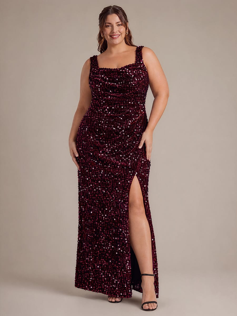 Cowl Neck Sequin Sleeveless Dress #color_Burgundy