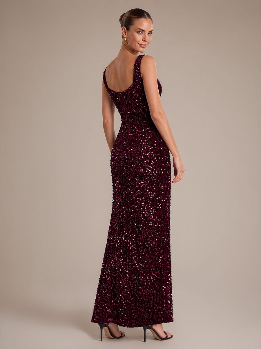 Cowl Neck Sequin Sleeveless Dress #color_Burgundy