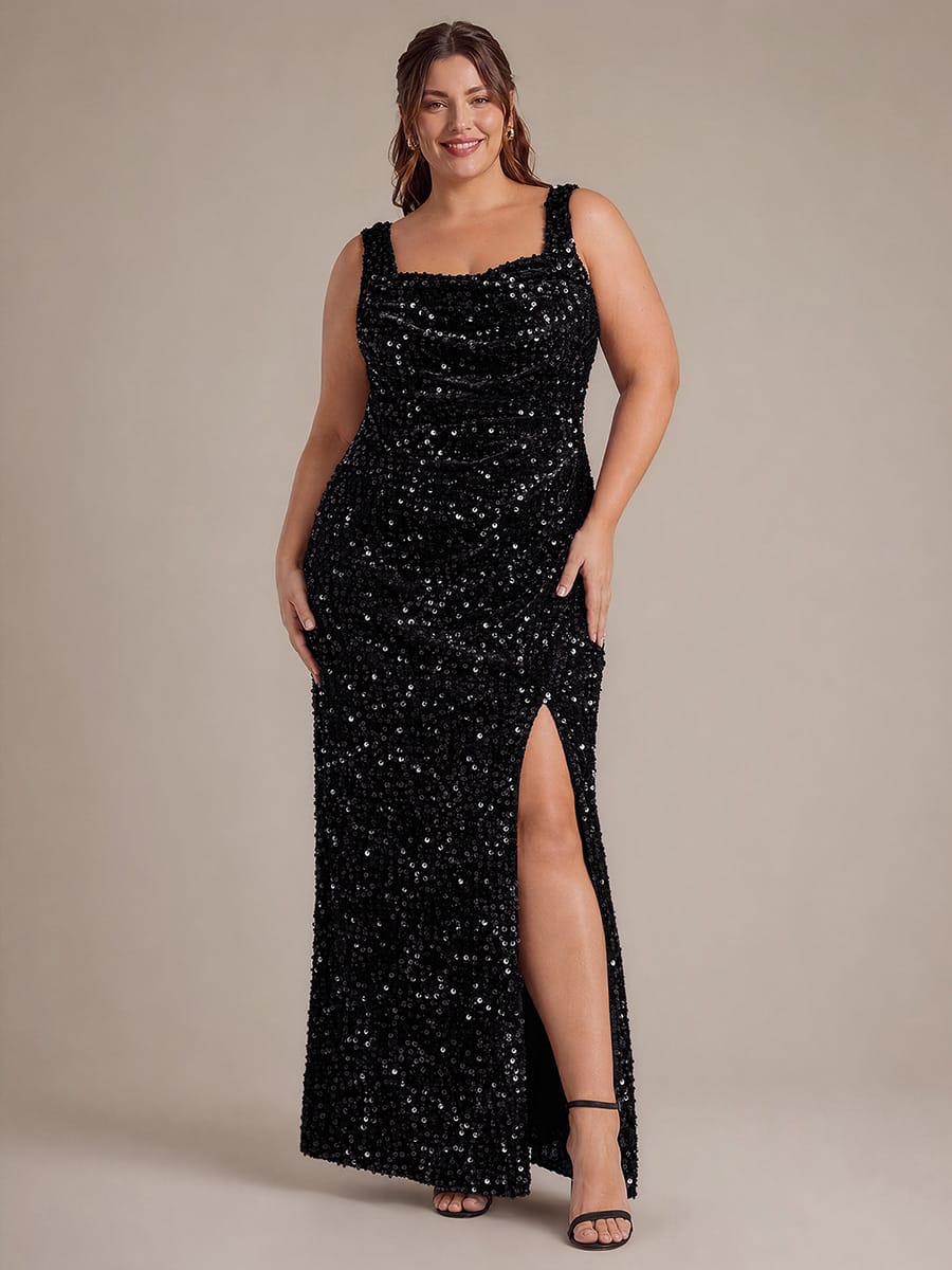 Cowl Neck Sequin Sleeveless Dress #color_Black
