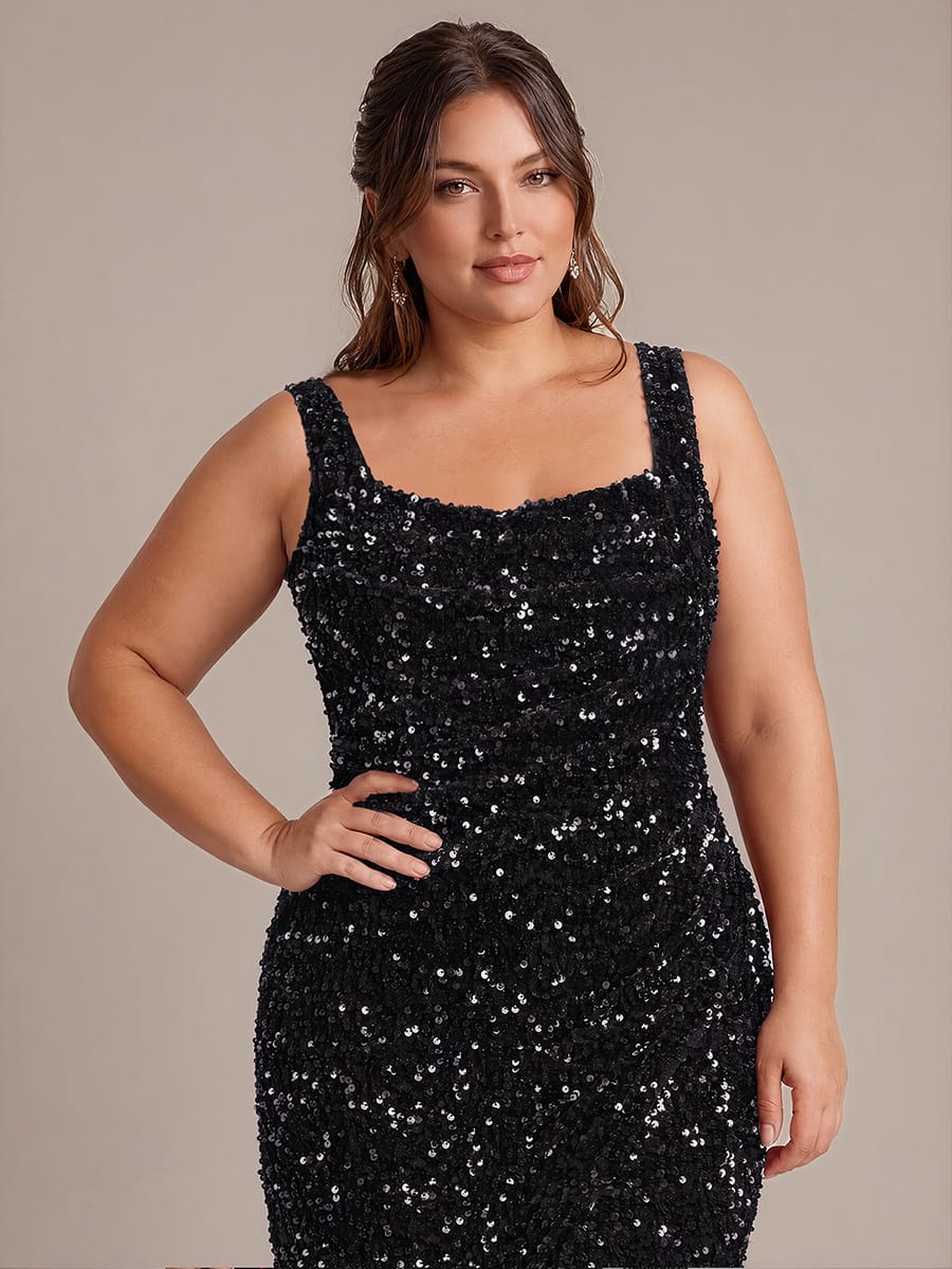 Cowl Neck Sequin Sleeveless Dress #color_Black