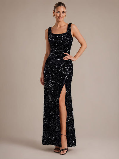 Square Neck Sequin Sleeveless Evening Dress