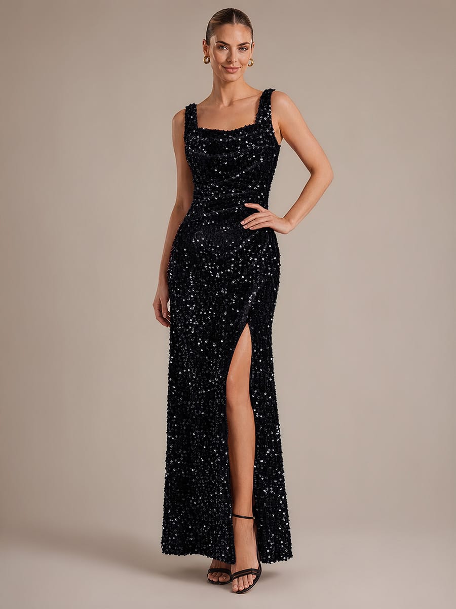 Cowl Neck Sequin Sleeveless Dress #color_Black