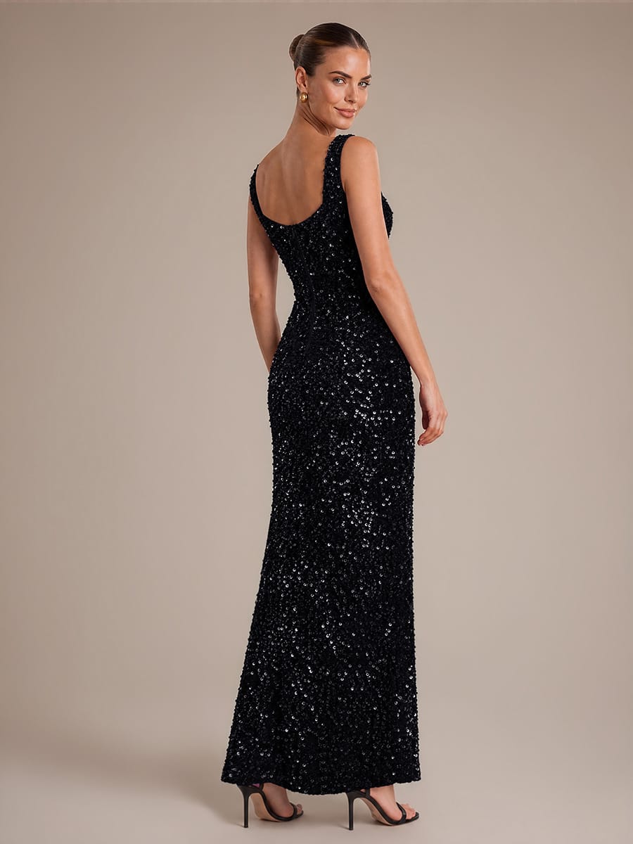 Cowl Neck Sequin Sleeveless Dress #color_Black