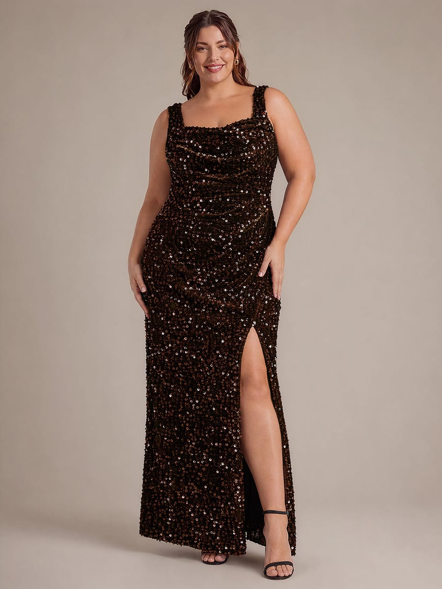 Cowl Neck Sequin Sleeveless Dress #color_Chocolate Brown