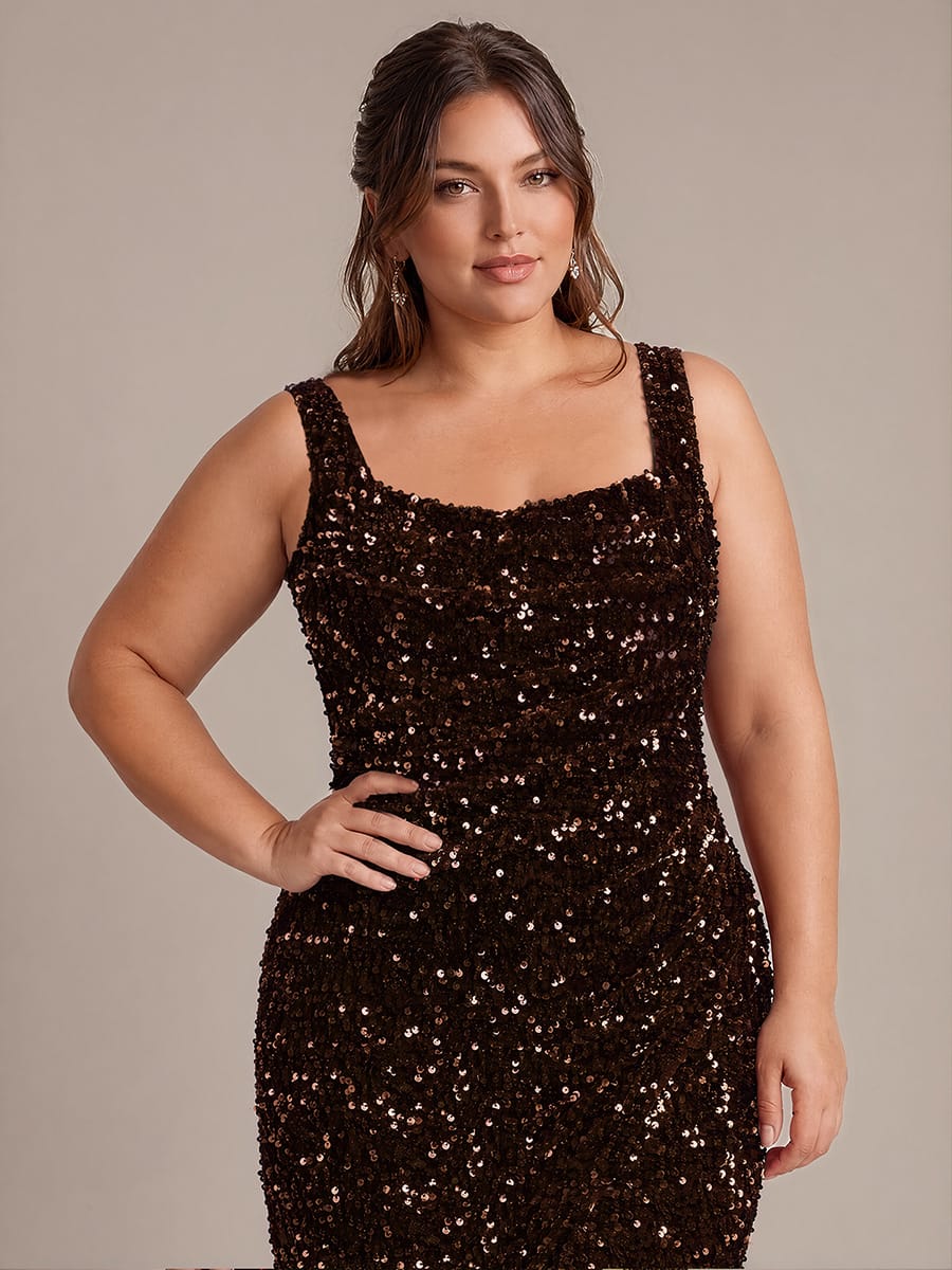Cowl Neck Sequin Sleeveless Dress #color_Chocolate Brown