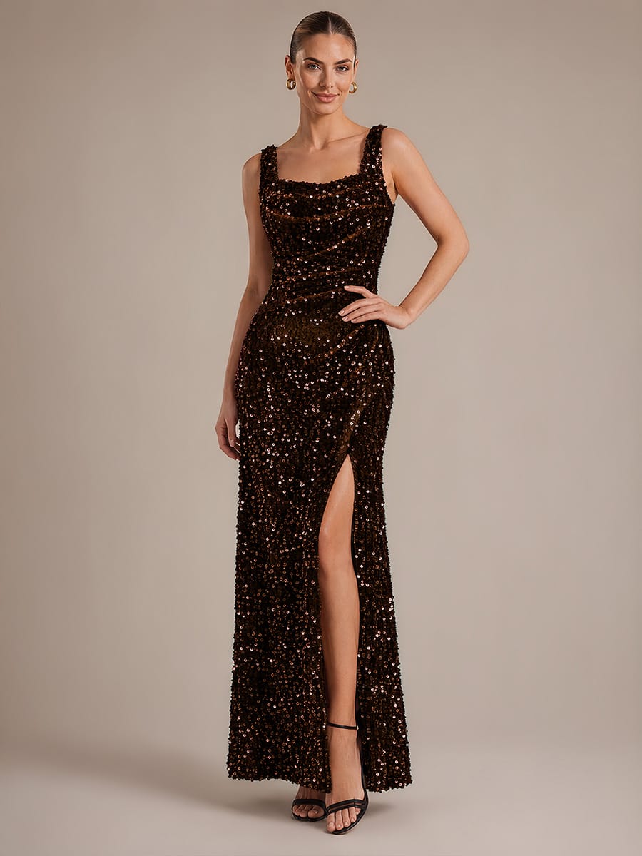 Cowl Neck Sequin Sleeveless Dress #color_Chocolate Brown