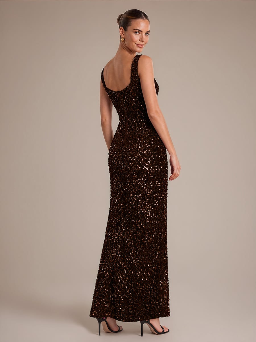 Cowl Neck Sequin Sleeveless Dress #color_Chocolate Brown