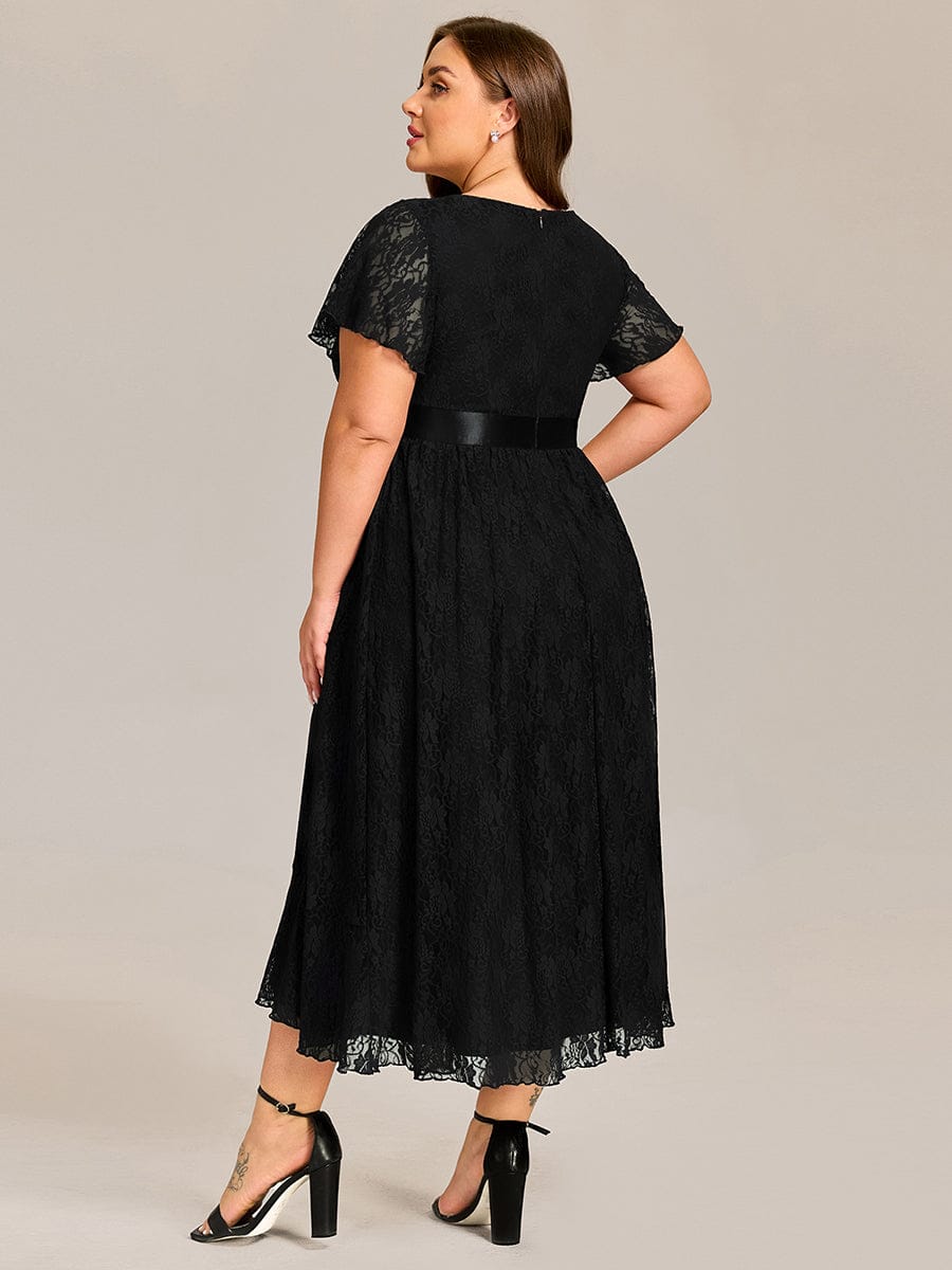 Short Sleeve Ruffled Lace Midi Evening Dress #color_Black