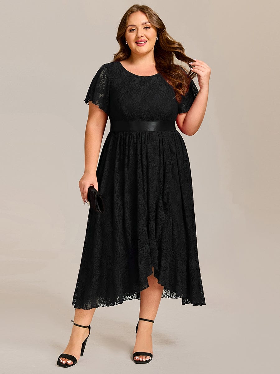 Short Sleeve Ruffled Lace Midi Evening Dress #color_Black