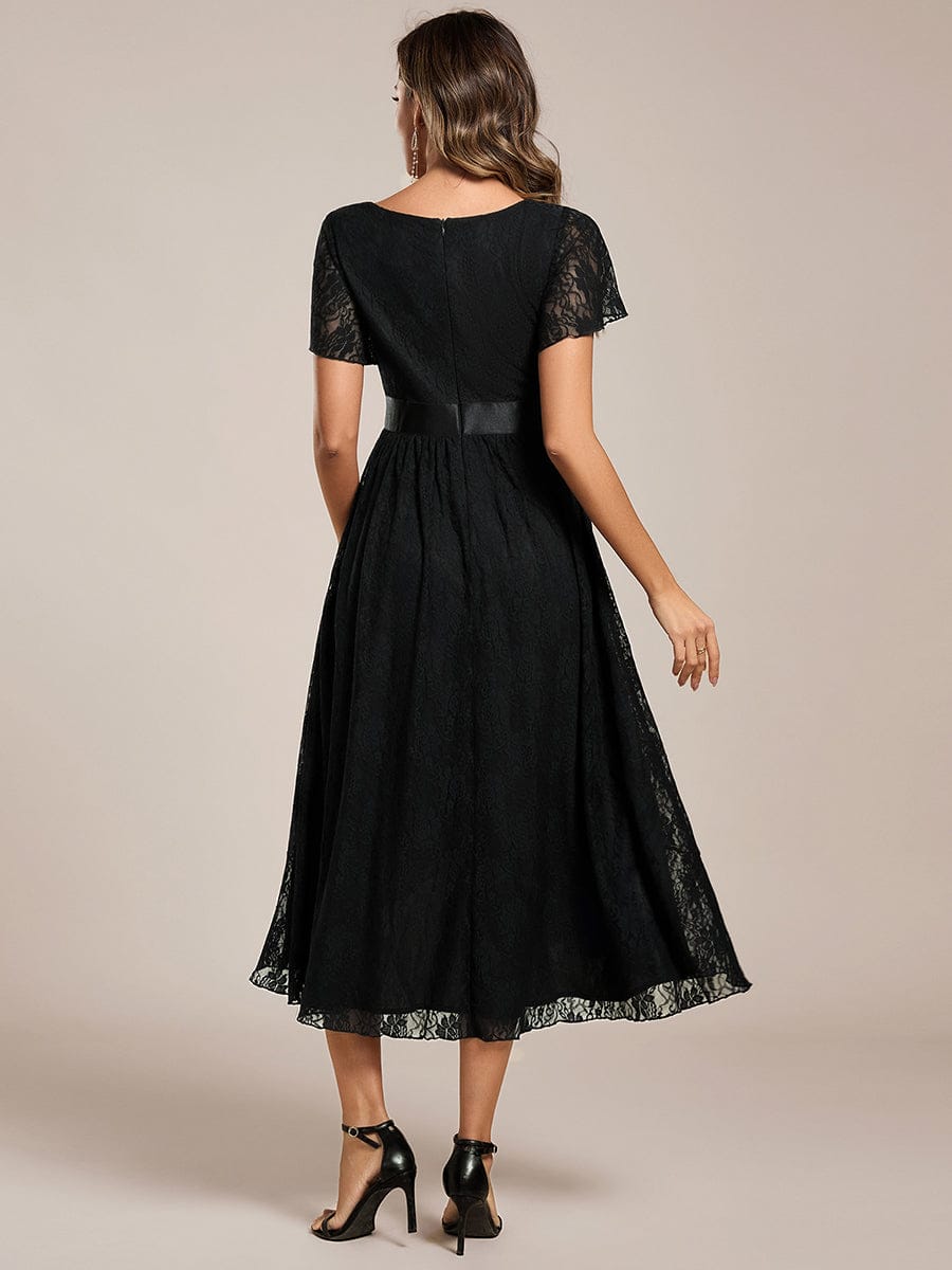 Short Sleeve Ruffled Lace Midi Evening Dress #color_Black