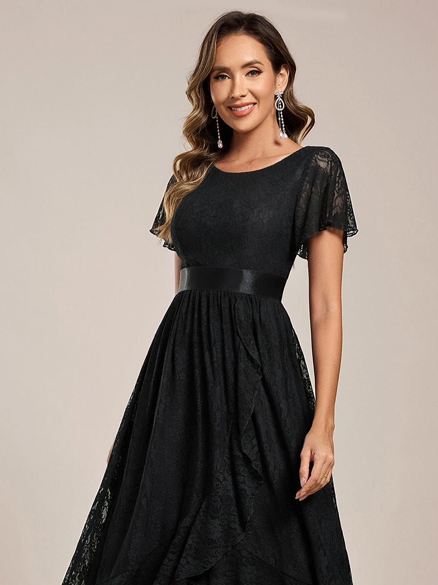 Short Sleeve Ruffled Lace Midi Weeding Guest Dress #color_Black