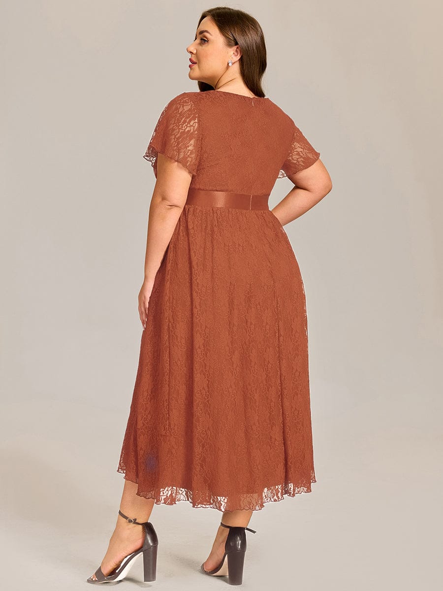 Short Sleeve Ruffled Lace Midi Evening Dress #color_Burnt Orange