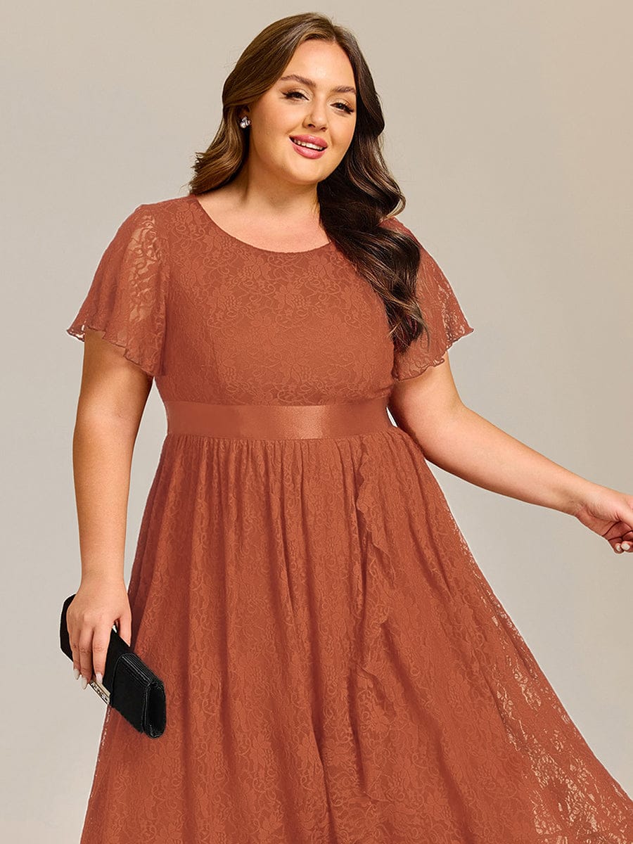 Short Sleeve Ruffled Lace Midi Evening Dress #color_Burnt Orange