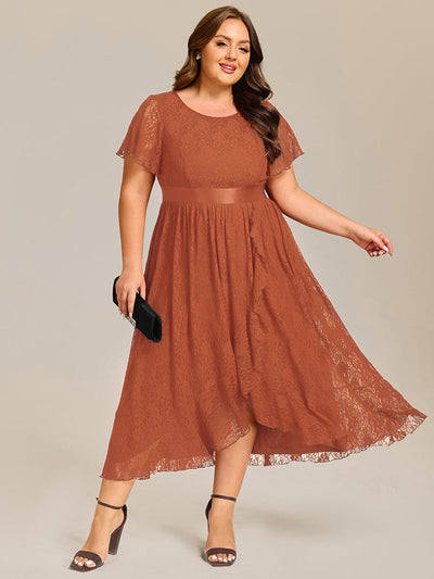 Plus Size Short Sleeve Ruffled Lace Midi Weeding Guest Dress #color_Burnt Orange