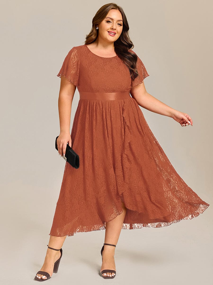 Plus Size Short Sleeve Ruffled Lace Midi Weeding Guest Dress #color_Burnt Orange