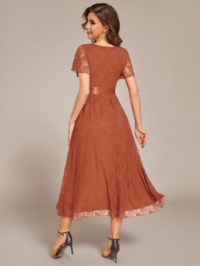 Short Sleeve Ruffled Lace Midi Evening Dress #color_Burnt Orange