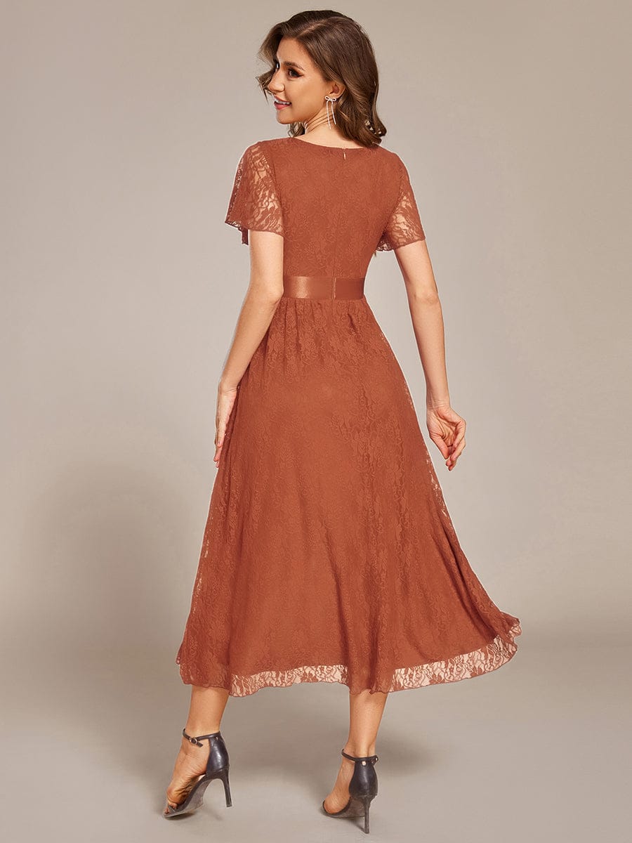 Short Sleeve Ruffled Lace Midi Evening Dress #color_Burnt Orange