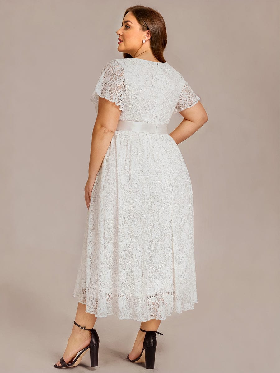 Short Sleeve Ruffled Lace Midi Weeding Guest Dress #color_White