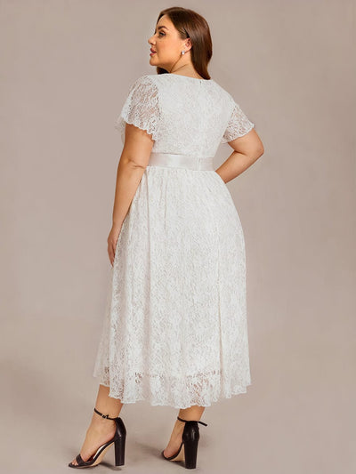 Plus Size Short Sleeve Ruffled Lace Midi Weeding Guest Dress #color_White