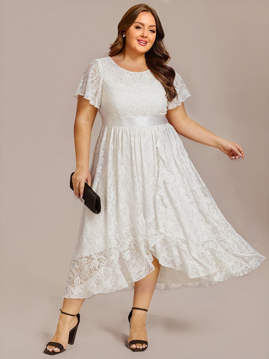 Short Sleeve Ruffled Lace Midi Evening Dress #color_White