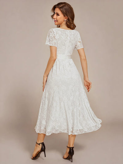 Short Sleeve Ruffled Lace Midi Evening Dress #color_White