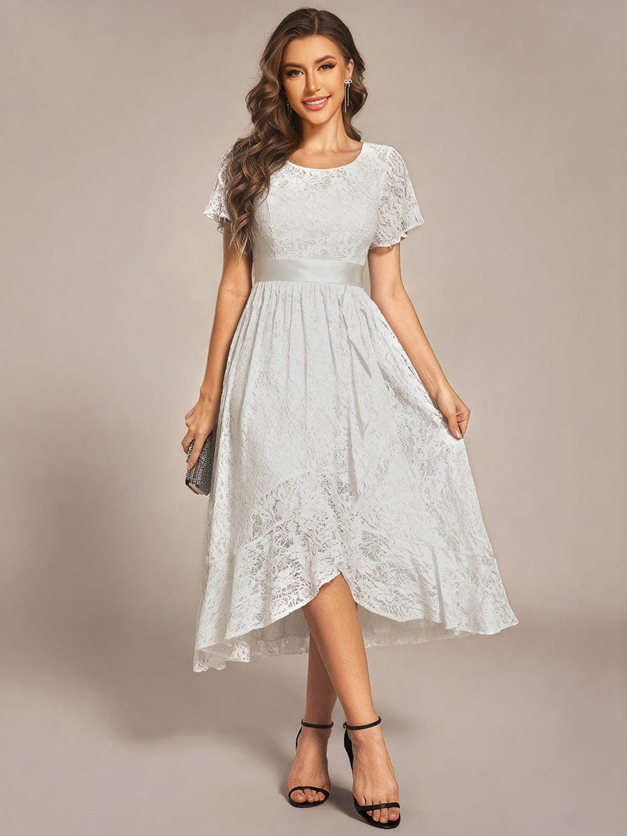 Short Sleeve Ruffled Lace Midi Evening Dress #color_White
